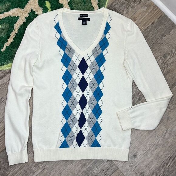 Tommy Hilfiger V-Neck Argyle Pima Cotton Preppy Golf Sweater - Picture 10 of 14